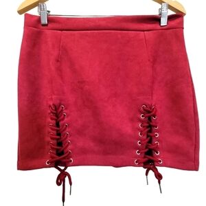 XL Cotton Blend Burgundy Mini Skirt with Lace Up Sides Stretchy
